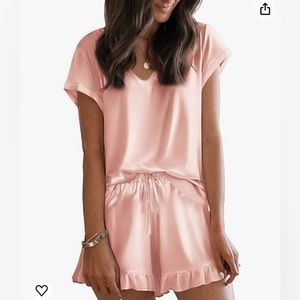 Satin Two Piece Pajama Set with Ruffled Short